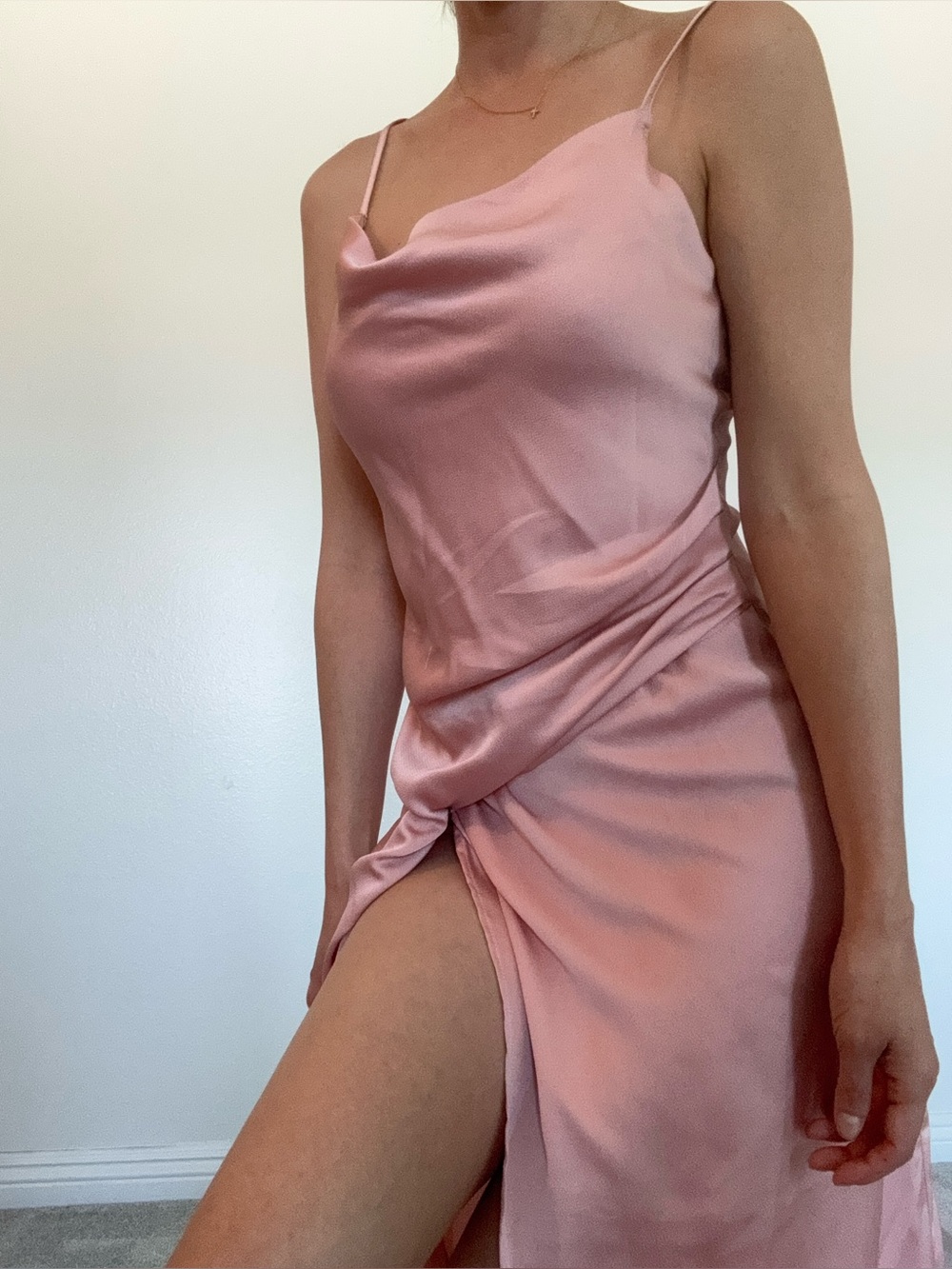 Satin sexy dress with front slit in Dusty Rose